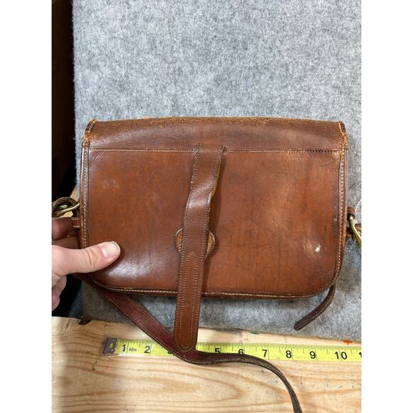 Vintage 80s Dooney & Bourke All Weather Leather Saddle Bag Turn Lock Green Brown - Picture 7 of 8